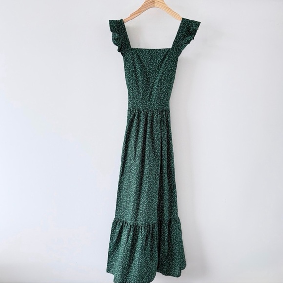 Zara Green Floral Midi Dress Ruffle Strap Square Neck Cottagecore Size S - Picture 2 of 16